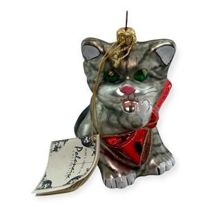 Kurt Adler Polonaise Grey Cat Glass Ornament 4.5" Red Bow Licking Paw Poland VTG